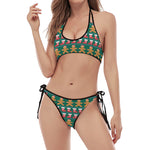 Christmas Gingerbread Man Pattern Print Halter Scoop Tie Side Bikini