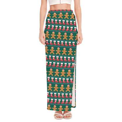 Christmas Gingerbread Man Pattern Print High Slit Maxi Skirt
