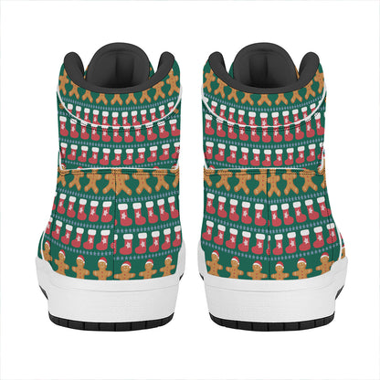 Christmas Gingerbread Man Pattern Print High Top Leather Sneakers