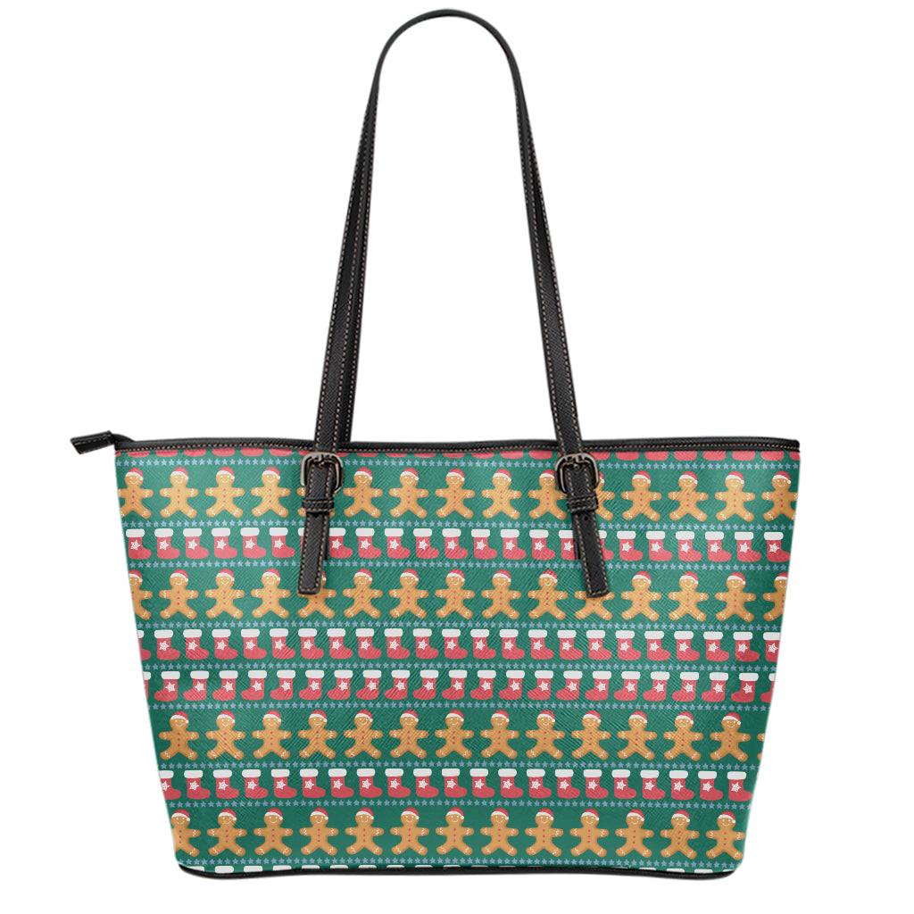 Christmas Gingerbread Man Pattern Print Leather Tote Bag