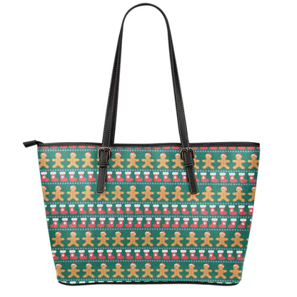 Christmas Gingerbread Man Pattern Print Leather Tote Bag