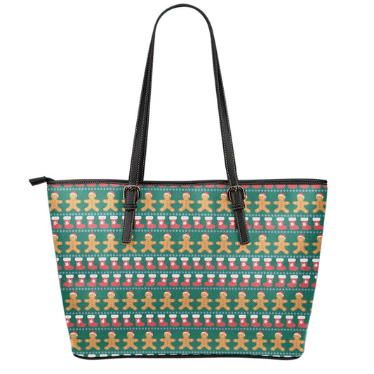 Christmas Gingerbread Man Pattern Print Leather Tote Bag