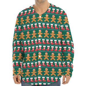 Christmas Gingerbread Man Pattern Print Long Sleeve Baseball Jersey