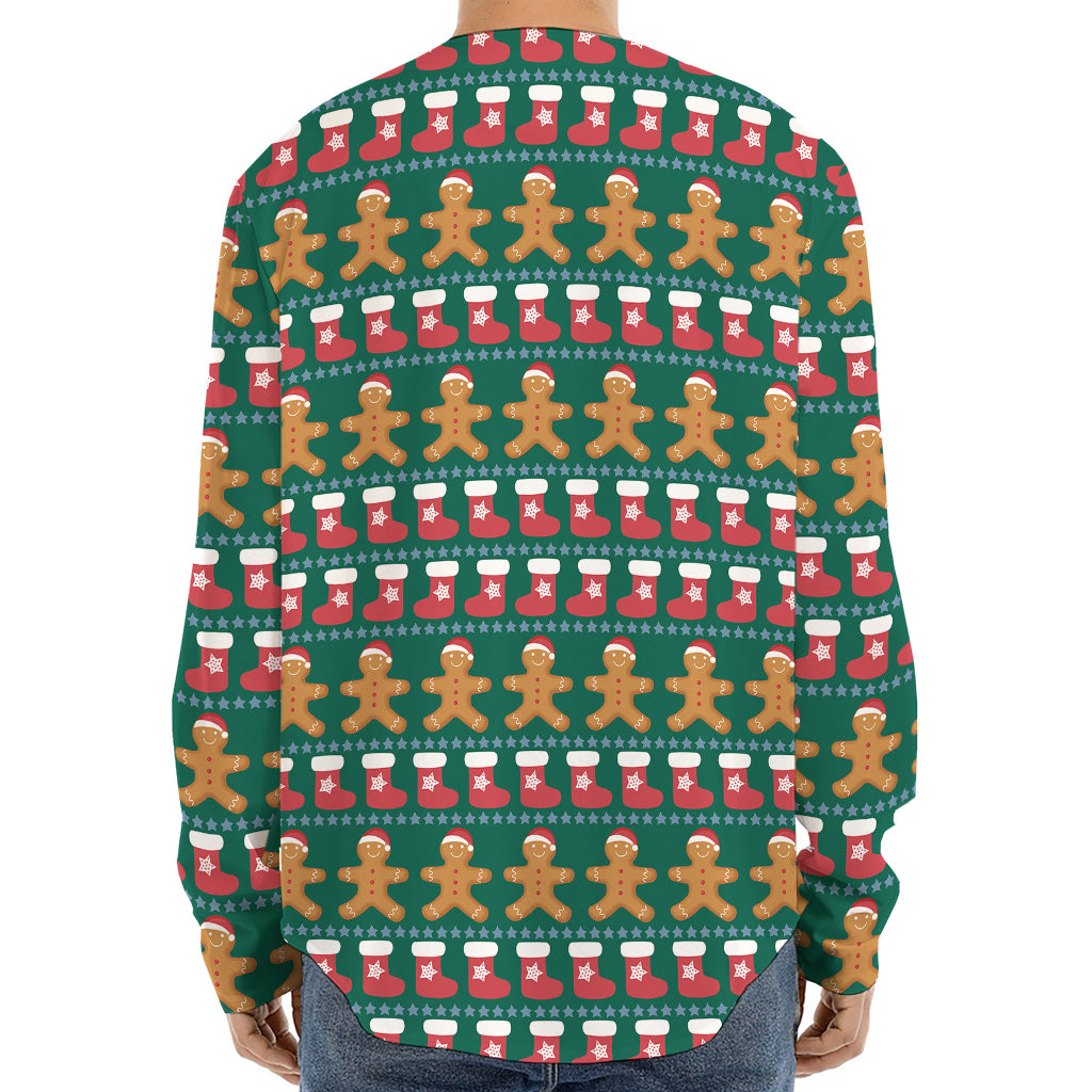 Christmas Gingerbread Man Pattern Print Long Sleeve Baseball Jersey