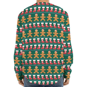 Christmas Gingerbread Man Pattern Print Long Sleeve Baseball Jersey