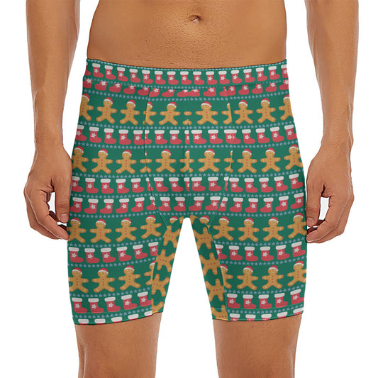 Christmas Gingerbread Man Pattern Print Men's Long Boxer Briefs