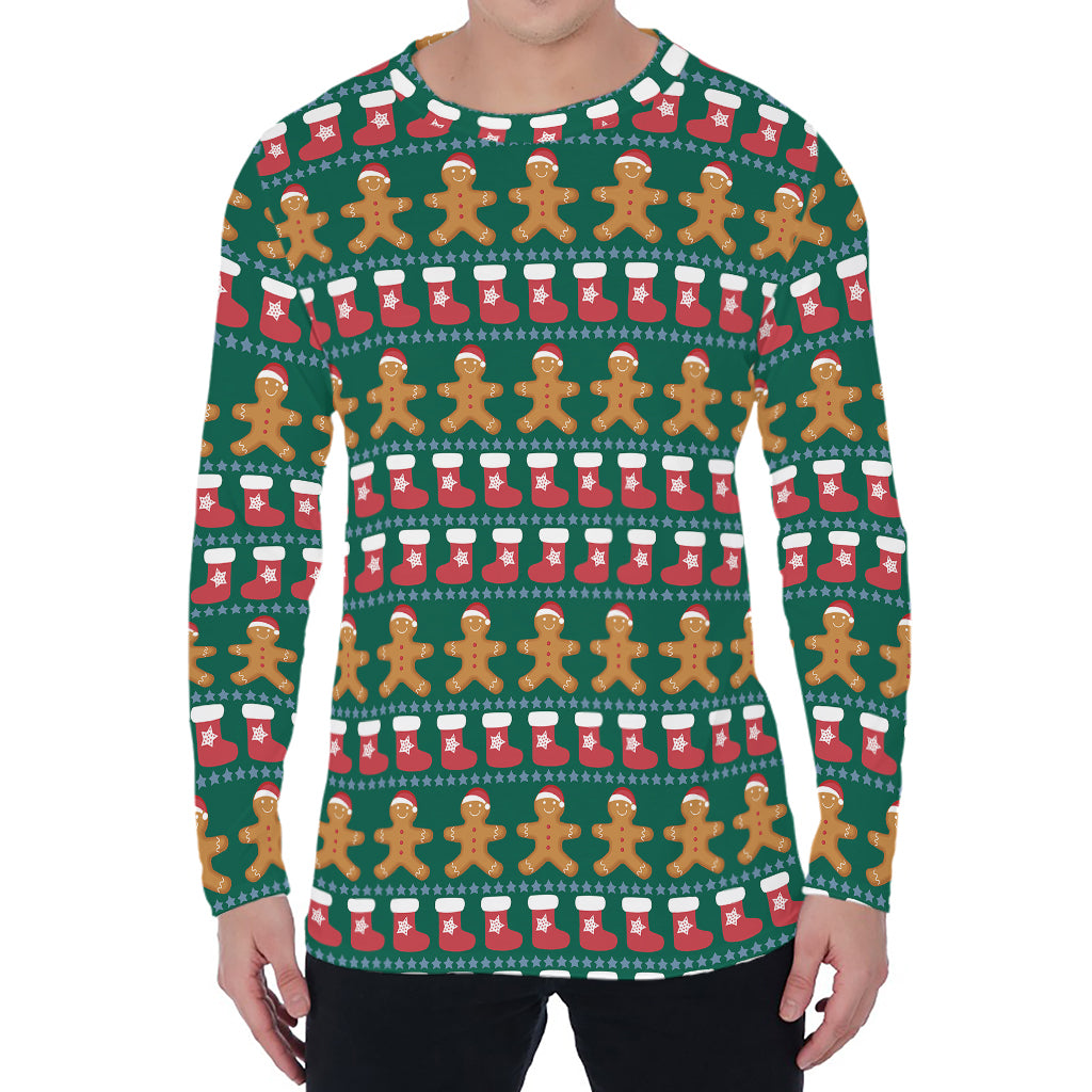 Christmas Gingerbread Man Pattern Print Men's Long Sleeve T-Shirt