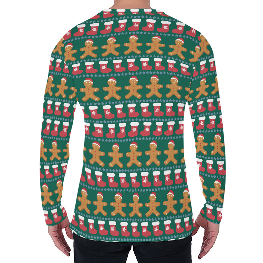 Christmas Gingerbread Man Pattern Print Men's Long Sleeve T-Shirt