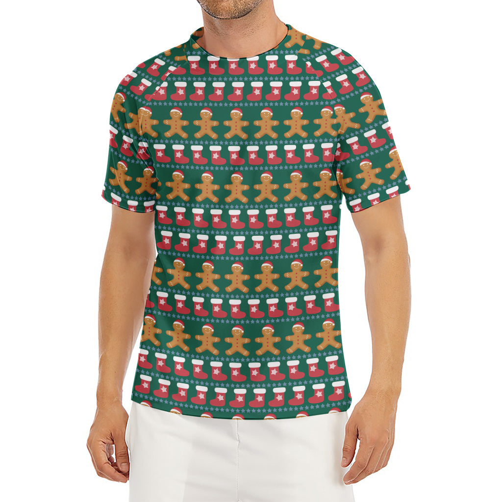 Christmas Gingerbread Man Pattern Print Men's Short Sleeve Rash Guard