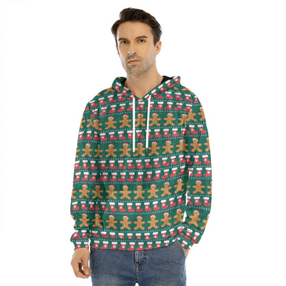 Christmas Gingerbread Man Pattern Print Men's Velvet Pullover Hoodie