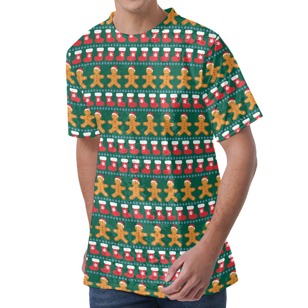 Christmas Gingerbread Man Pattern Print Men's Velvet T-Shirt