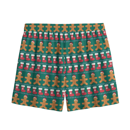 Christmas Gingerbread Man Pattern Print Mesh Shorts