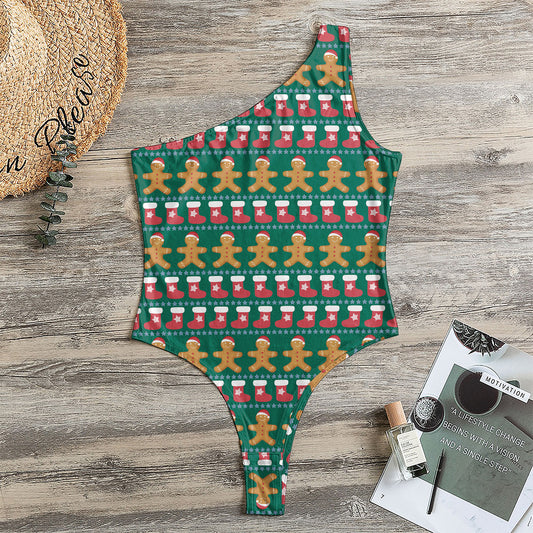 Christmas Gingerbread Man Pattern Print One Shoulder Bodysuit