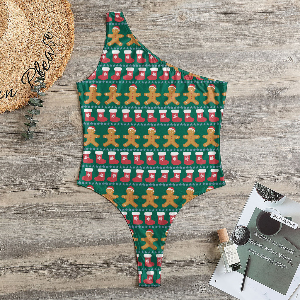 Christmas Gingerbread Man Pattern Print One Shoulder Bodysuit