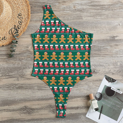 Christmas Gingerbread Man Pattern Print One Shoulder Bodysuit