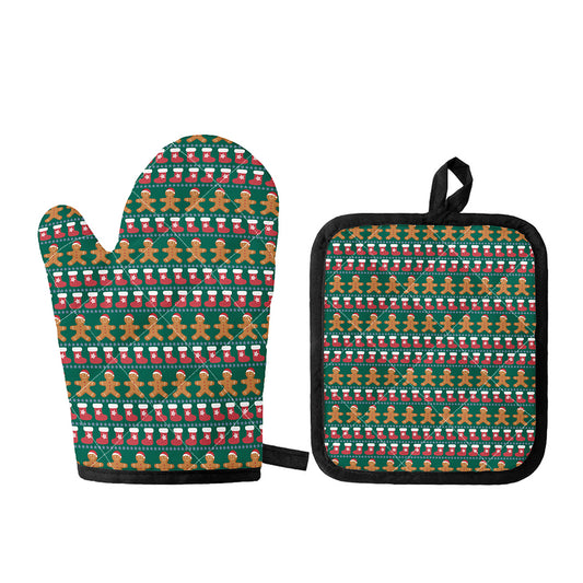 Christmas Gingerbread Man Pattern Print Oven Mitt And Pot Holder Set