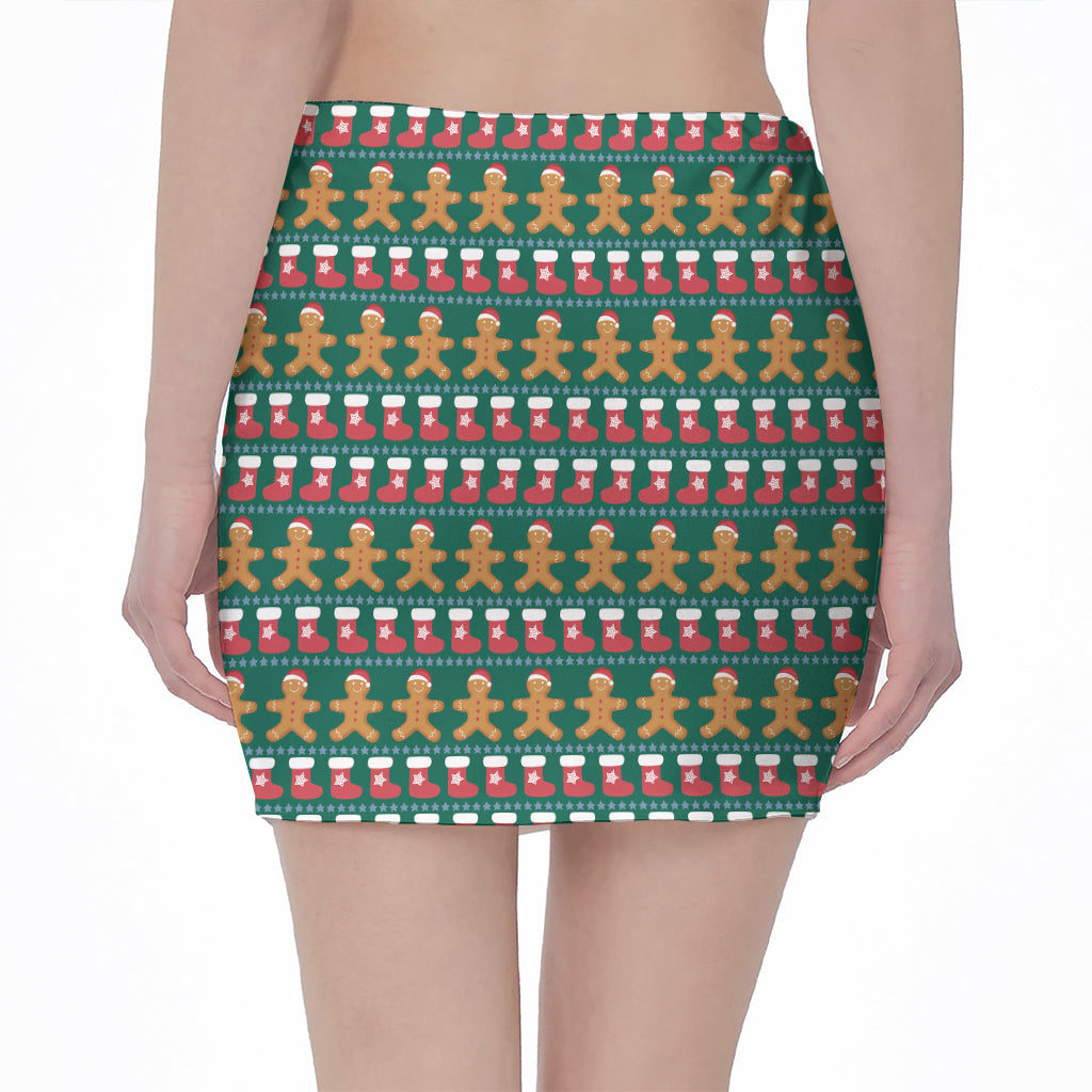 Christmas Gingerbread Man Pattern Print Pencil Mini Skirt