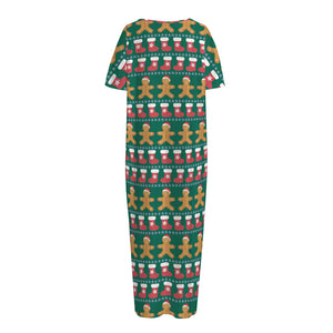 Christmas Gingerbread Man Pattern Print Short Sleeve Long Nightdress