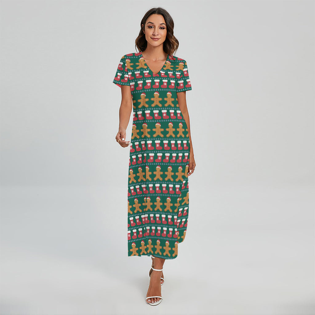 Christmas Gingerbread Man Pattern Print Short Sleeve Maxi Dress