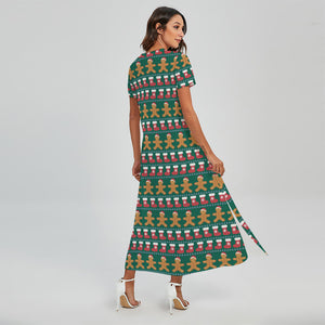 Christmas Gingerbread Man Pattern Print Short Sleeve Maxi Dress