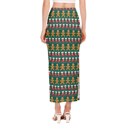Christmas Gingerbread Man Pattern Print Side Slit Maxi Skirt