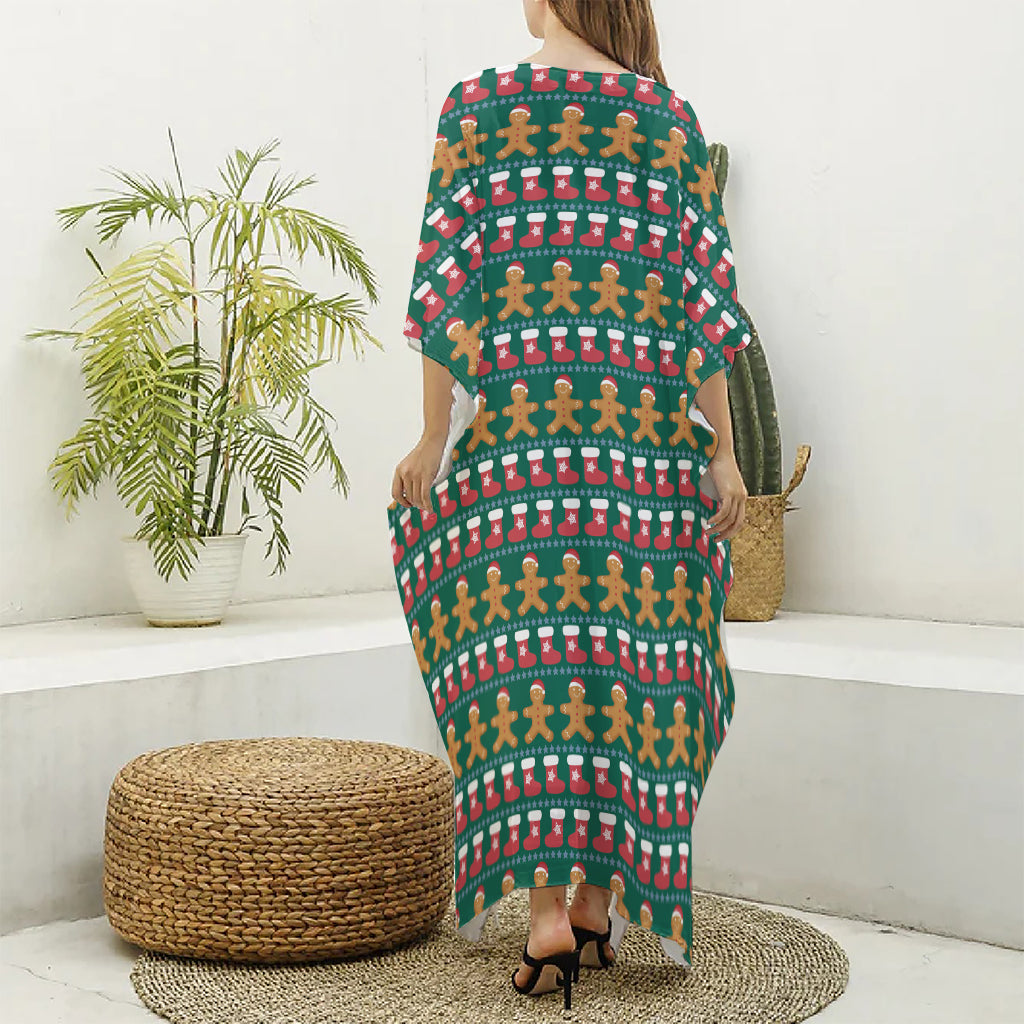 Christmas Gingerbread Man Pattern Print Silk V-Neck Kaftan Dress