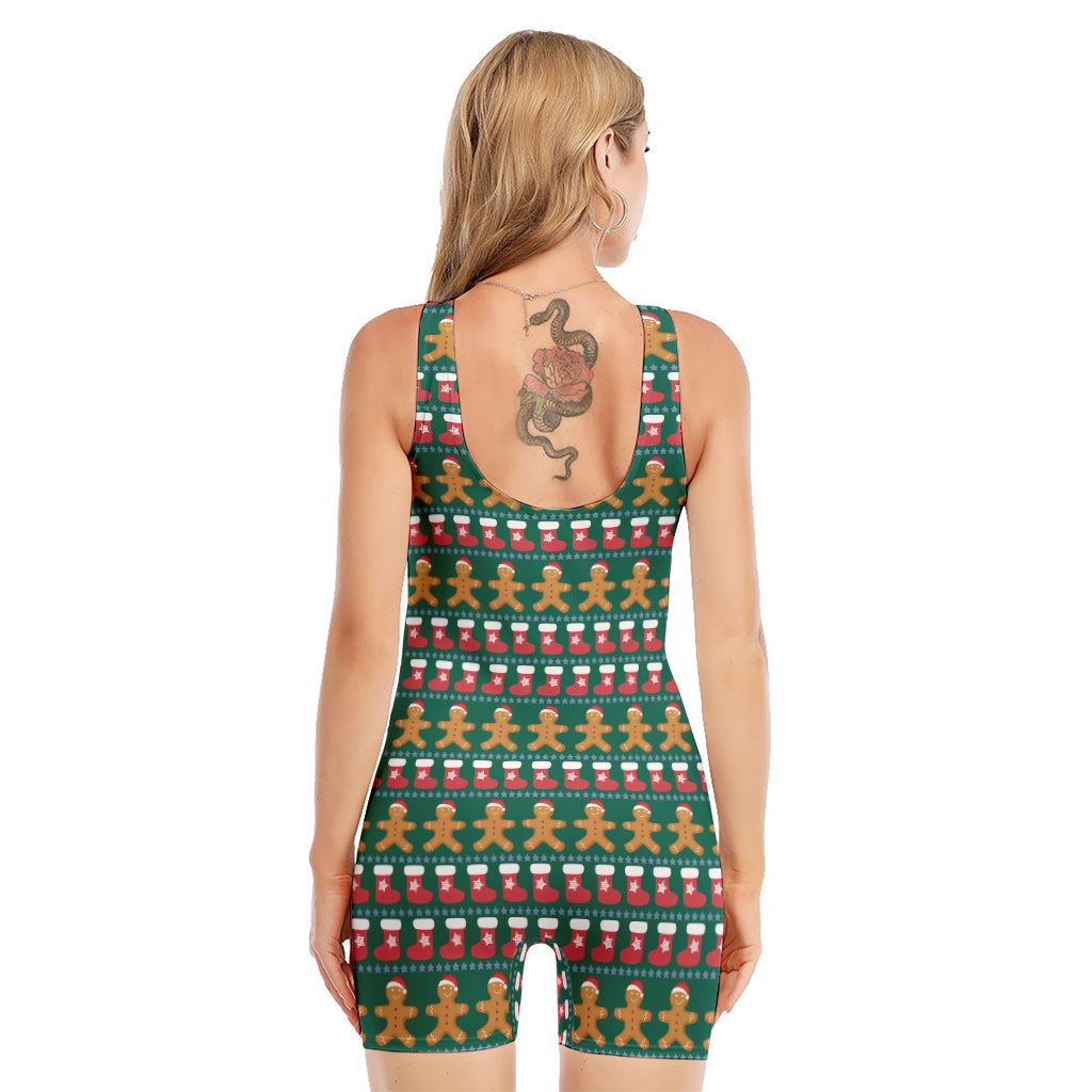 Christmas Gingerbread Man Pattern Print Sleeveless One Piece Swimsuit