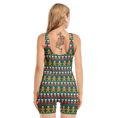Christmas Gingerbread Man Pattern Print Sleeveless One Piece Swimsuit