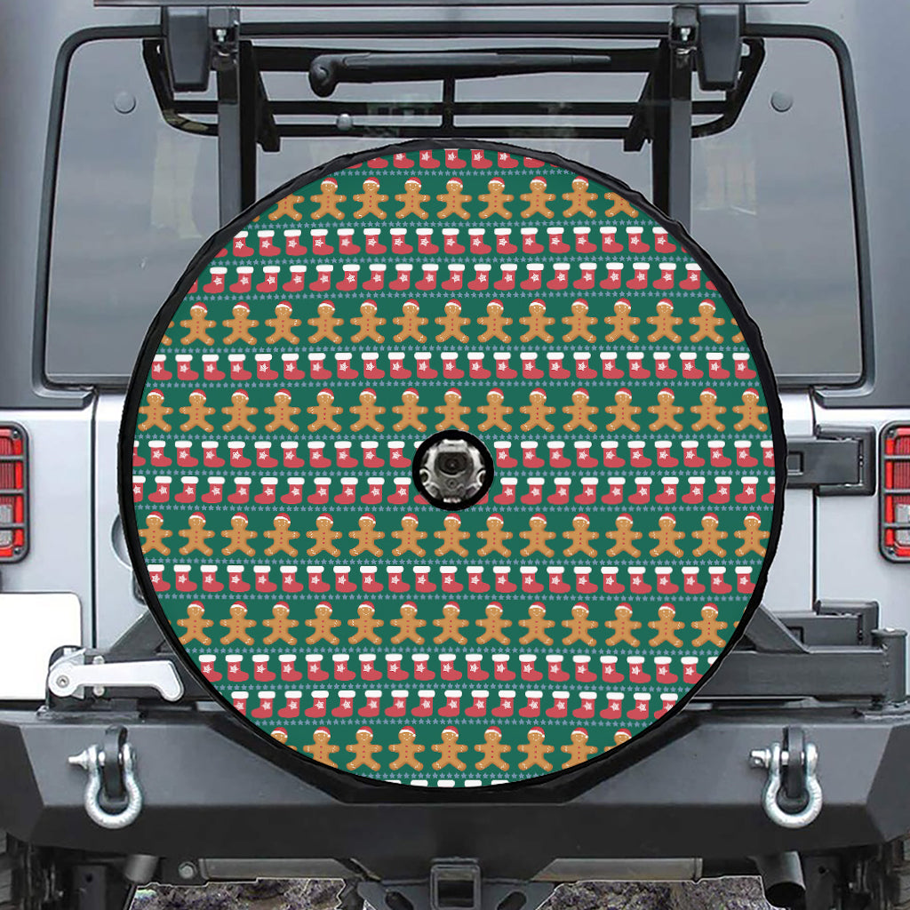 Christmas Gingerbread Man Pattern Print Tire Cover With Camera Hole