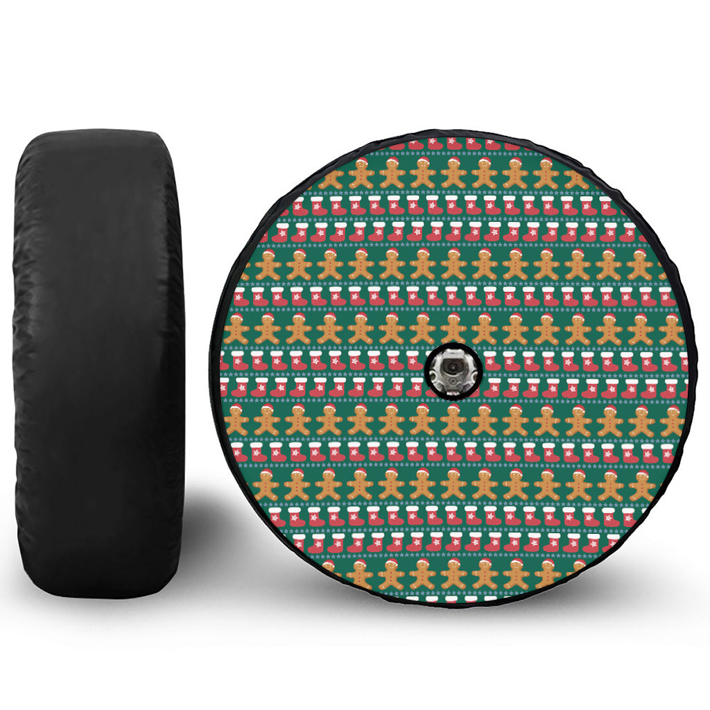 Christmas Gingerbread Man Pattern Print Tire Cover With Camera Hole