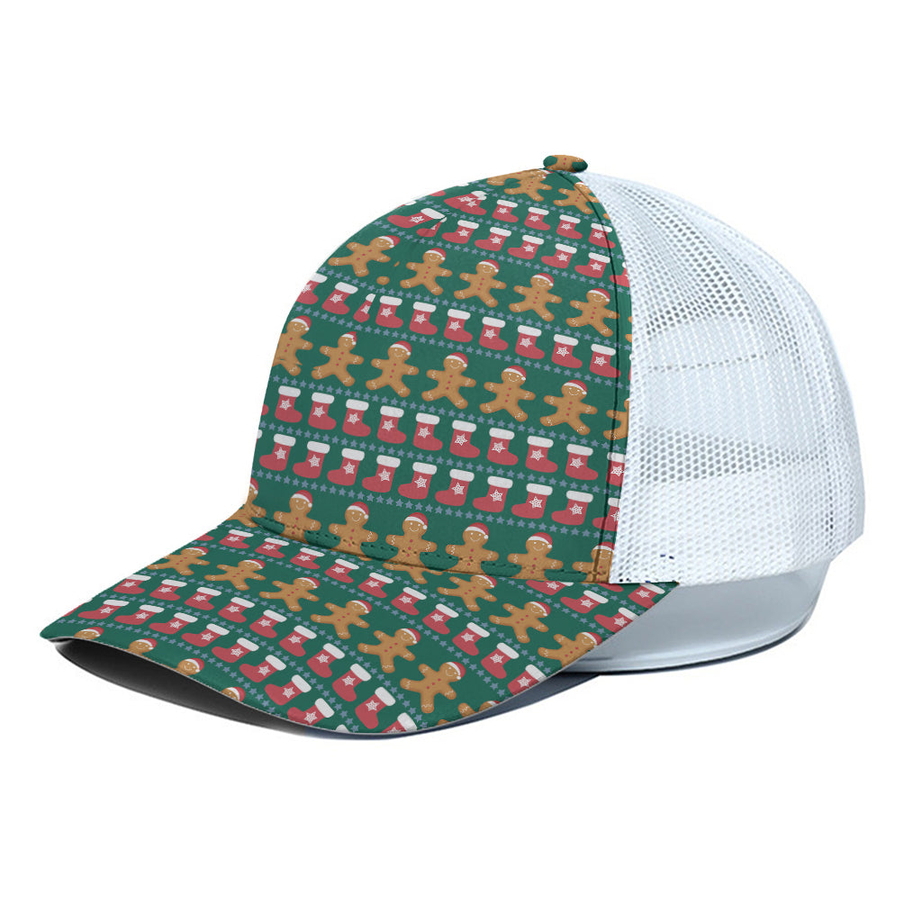 Christmas Gingerbread Man Pattern Print White Mesh Trucker Cap