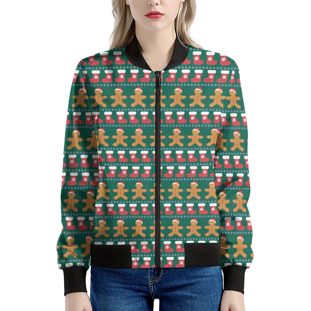 Christmas Gingerbread Man Pattern Print Women's Bomber Jacket