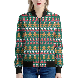 Christmas Gingerbread Man Pattern Print Women's Bomber Jacket