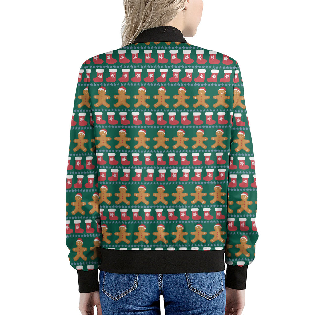 Christmas Gingerbread Man Pattern Print Women's Bomber Jacket