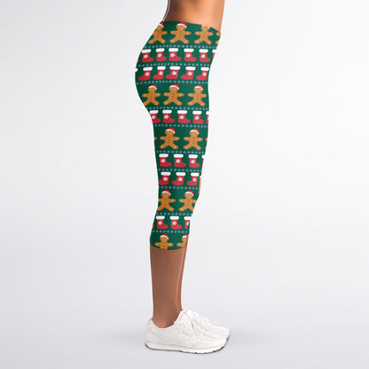 Christmas Gingerbread Man Pattern Print Women's Capri Leggings