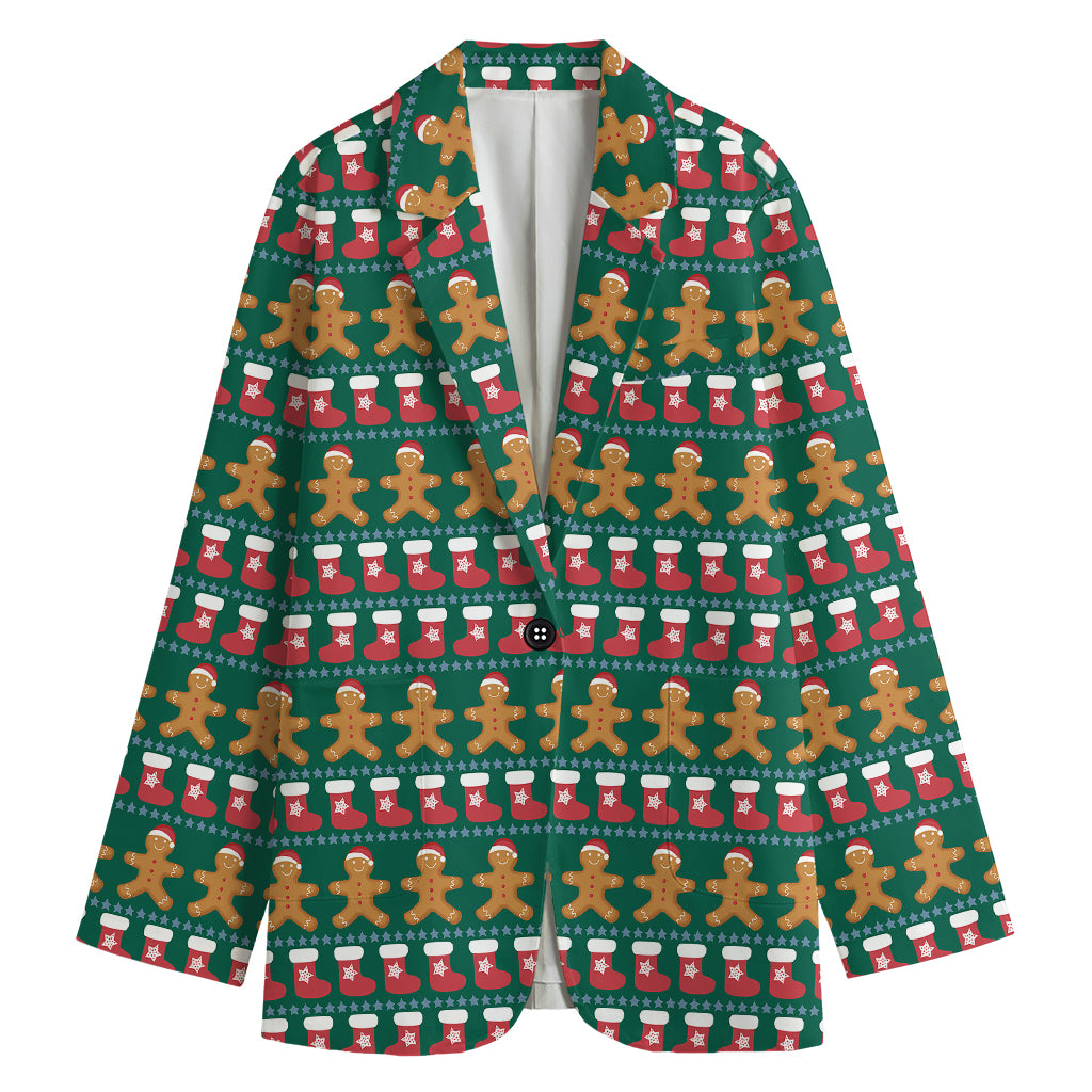 Christmas Gingerbread Man Pattern Print Women's Cotton Blazer