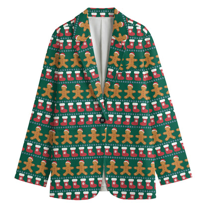 Christmas Gingerbread Man Pattern Print Women's Cotton Blazer