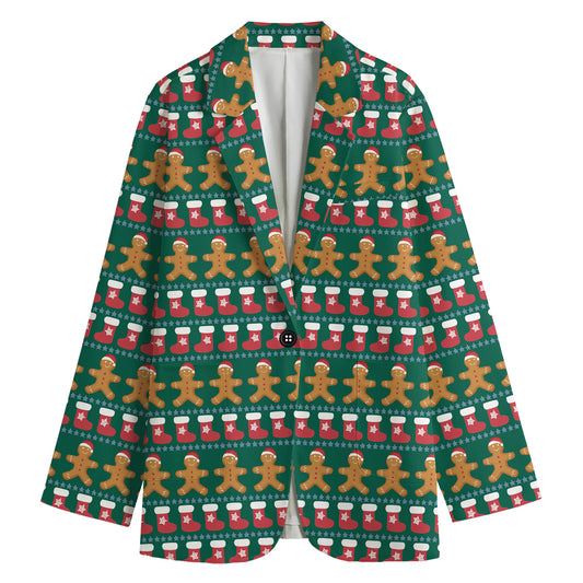 Christmas Gingerbread Man Pattern Print Women's Cotton Blazer