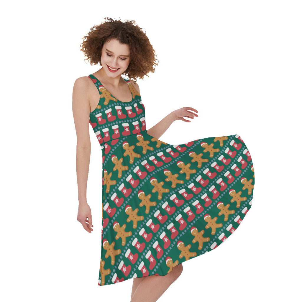 Christmas Gingerbread Man Pattern Print Women's Sleeveless Dress