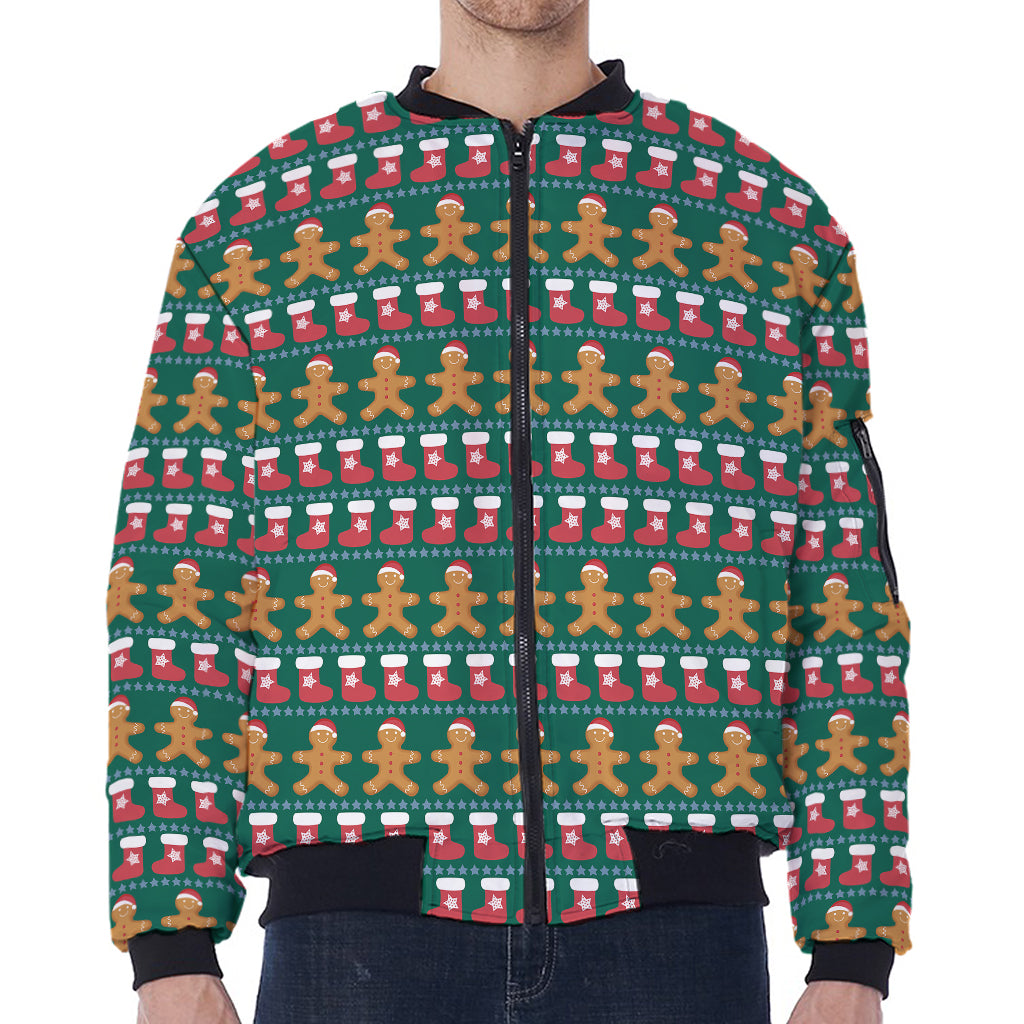 Christmas Gingerbread Man Pattern Print Zip Sleeve Bomber Jacket