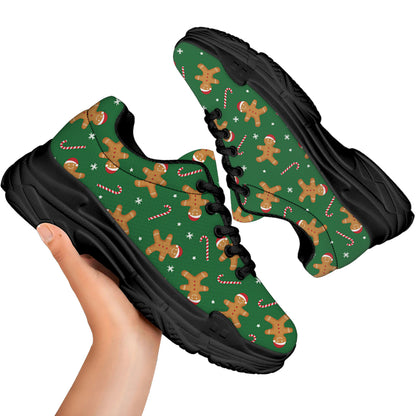 Christmas Gingerbread Pattern Print Black Chunky Shoes
