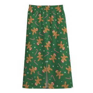 Christmas Gingerbread Pattern Print Cotton Front Slit Maxi Skirt