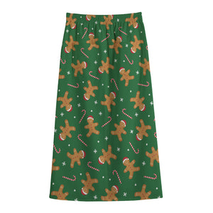 Christmas Gingerbread Pattern Print Cotton Front Slit Maxi Skirt