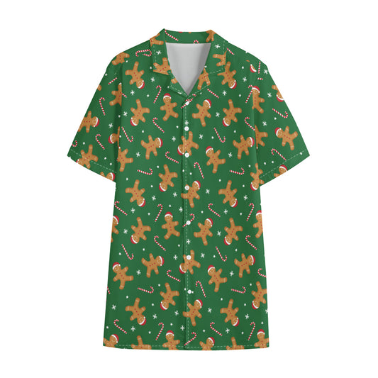Christmas Gingerbread Pattern Print Cotton Hawaiian Shirt