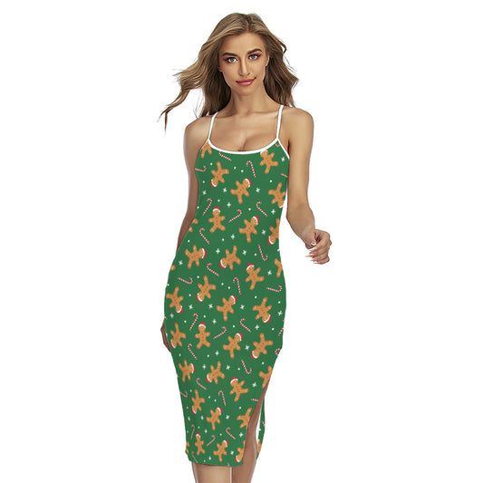 Christmas Gingerbread Pattern Print Cross Back Cami Dress