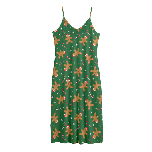 Christmas Gingerbread Pattern Print Jersey Midi Cami Dress