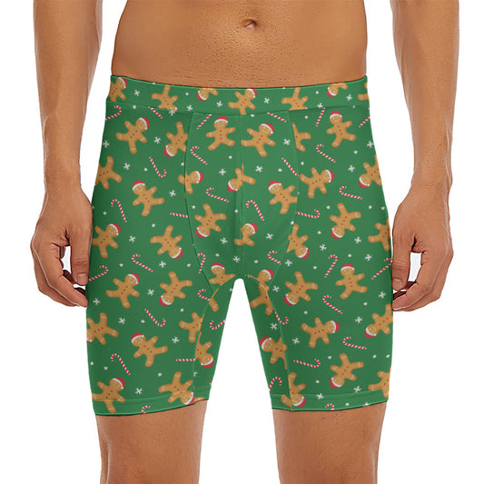 Christmas Gingerbread Pattern Print Men's Long Boxer Briefs