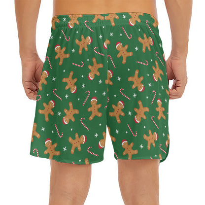 Christmas Gingerbread Pattern Print Men's Split Running Shorts