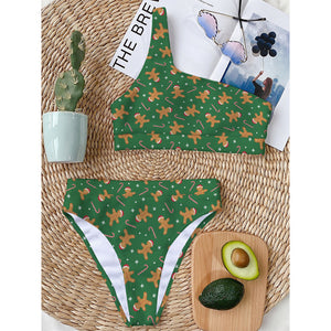 Christmas Gingerbread Pattern Print One Shoulder Bikini Top