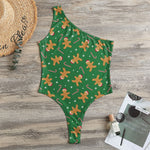 Christmas Gingerbread Pattern Print One Shoulder Bodysuit